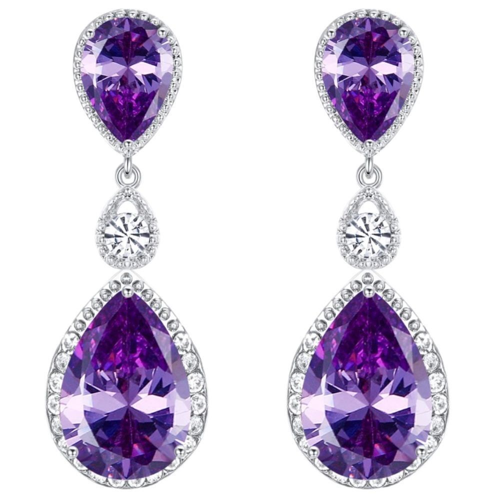 Silver with Amethyst and White Diamond CZ Teardrop Chandelier Post Back Earrings